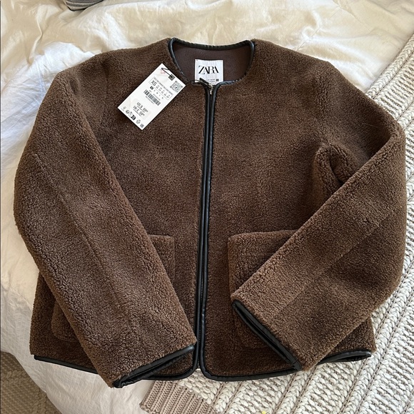 ZARA JACKET WITH FAUX SHEARLING BROWN BLACK XS SHERPA TEDDY COAT FAUX LEATHER - Picture 9 of 10